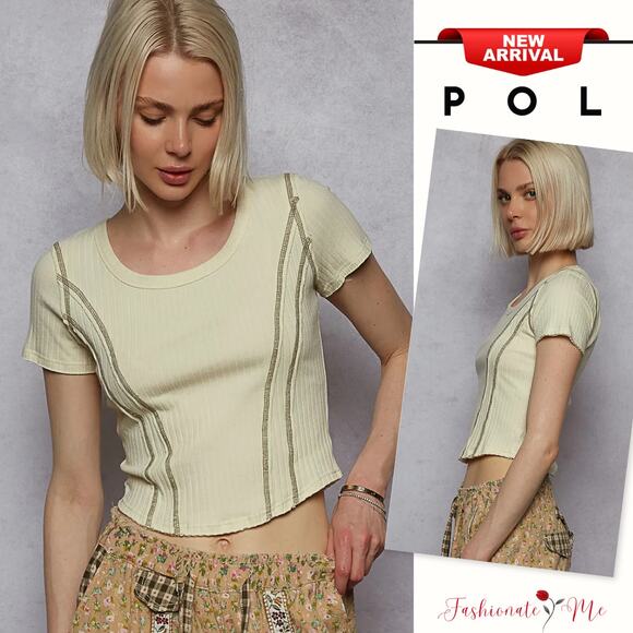POL Contrast Stitching Round Neck Short Sleeves Stretch Cropped T-Shirt | Sage - Picture 1 of 4